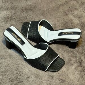 Franco Sarto Black and White Mules, Linley Slide Heeled Sandals, Size - 6.5